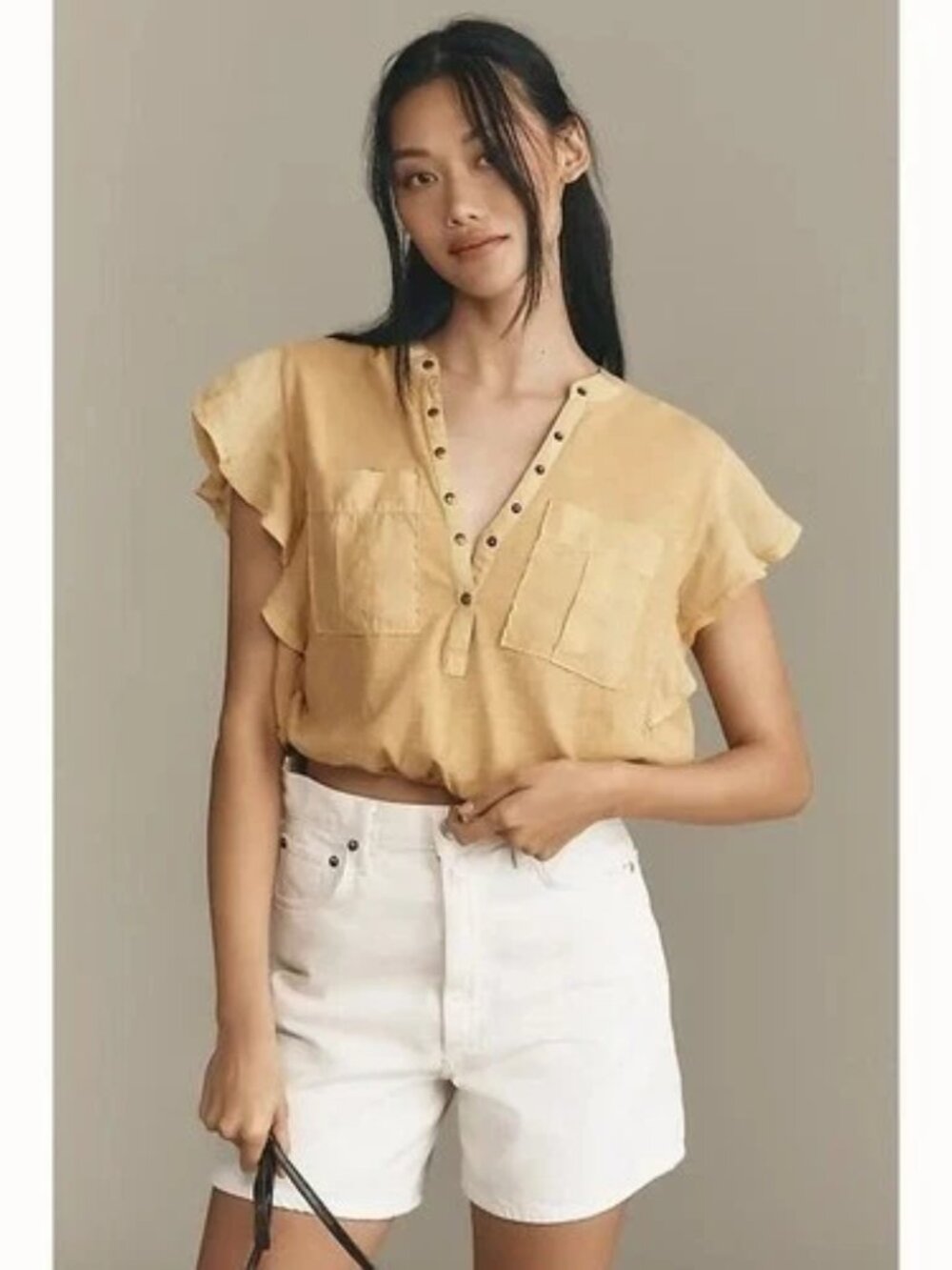 Anthropologie V-Neck Ruffle-Sleeve Knit Cropped Blouse Top Short Sleeve M 284369